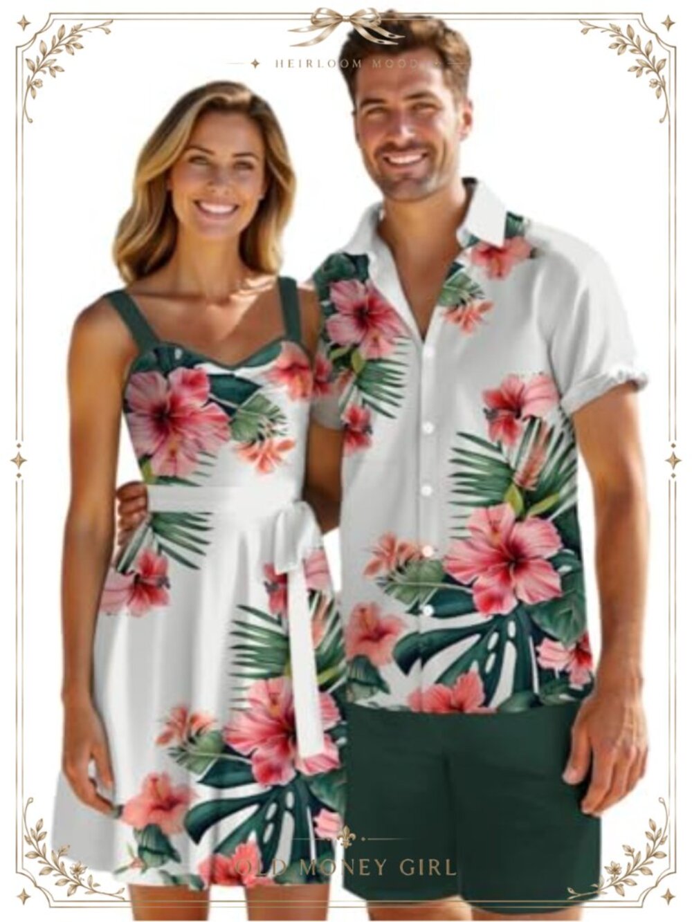 Hawaiian Couple Matching Outfit Tropical Flower Midi Dress & Men's Shirt